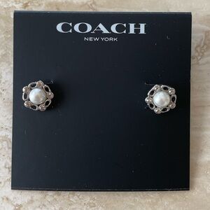 NWT COACH Faux Pearl & Crystal Logo Stud Earrings